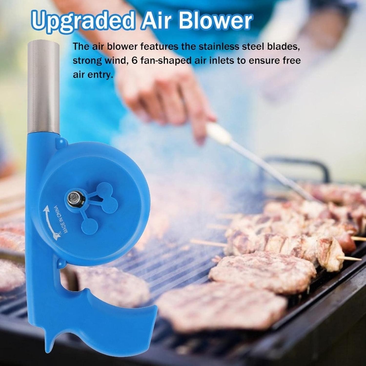 Mini Hand Crank BBQ Fan, Outdoor Cooking Air Blower, Increase Firepower Barbecue Air Blower for Outdoor Camping, Fire Bellows Hand Crank Tool(Blue)