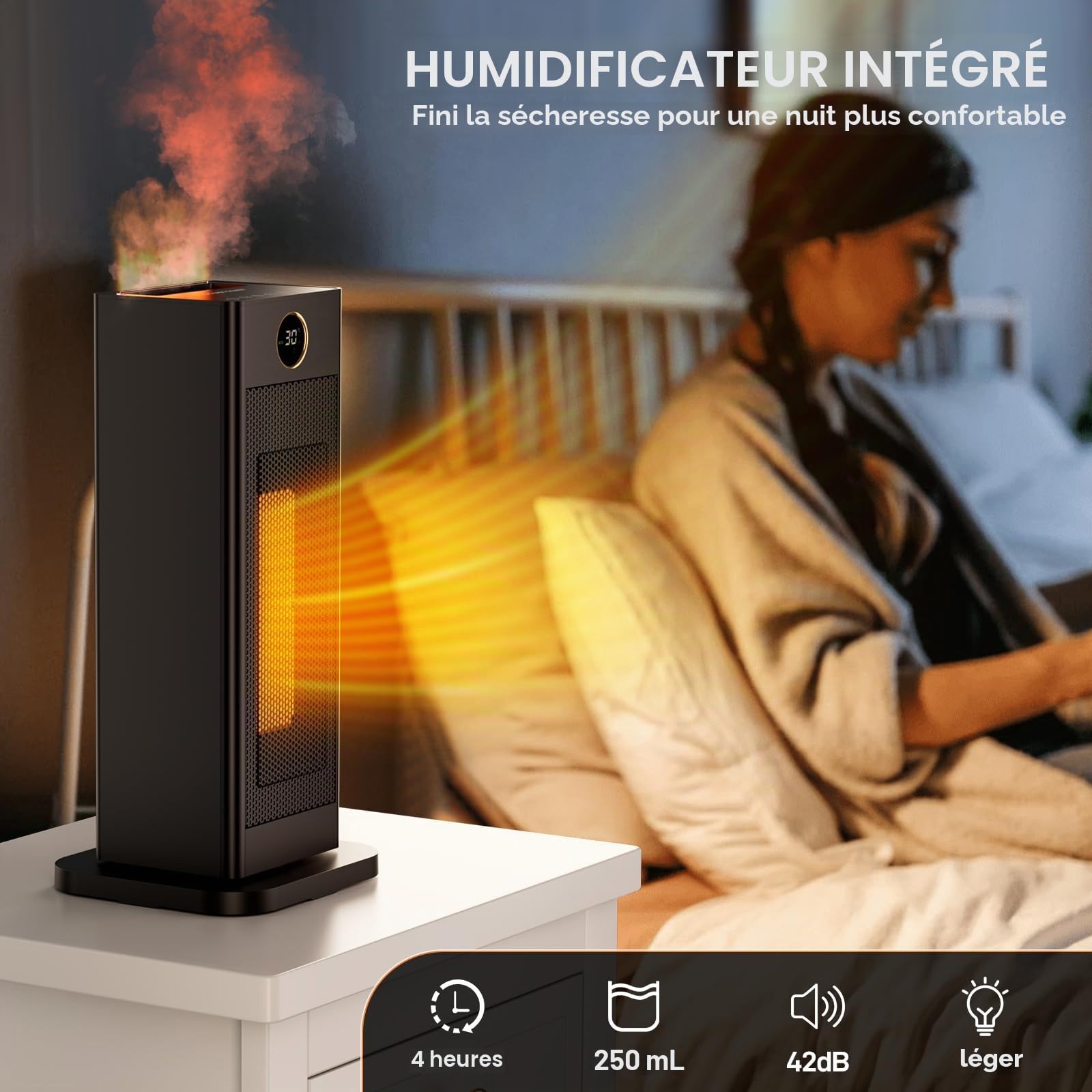 LIFERUN Mini radiateur soufflant électrique à économie d'énergie avec thermostat et humidificateur d'air oscillant à 90° - Chauffage électrique PTC silencieux - Mode ECO - Pour chambre à coucher