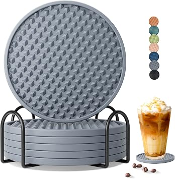 Coga Drink Coasters Set of 6 with Holder, Silicone Coasters Tabletop Protection for Any Table Type, Wood, Stone Tables, Dishwasher Safe, Coasters for Drinks Fits Any Size of Drinking Glasses Grey