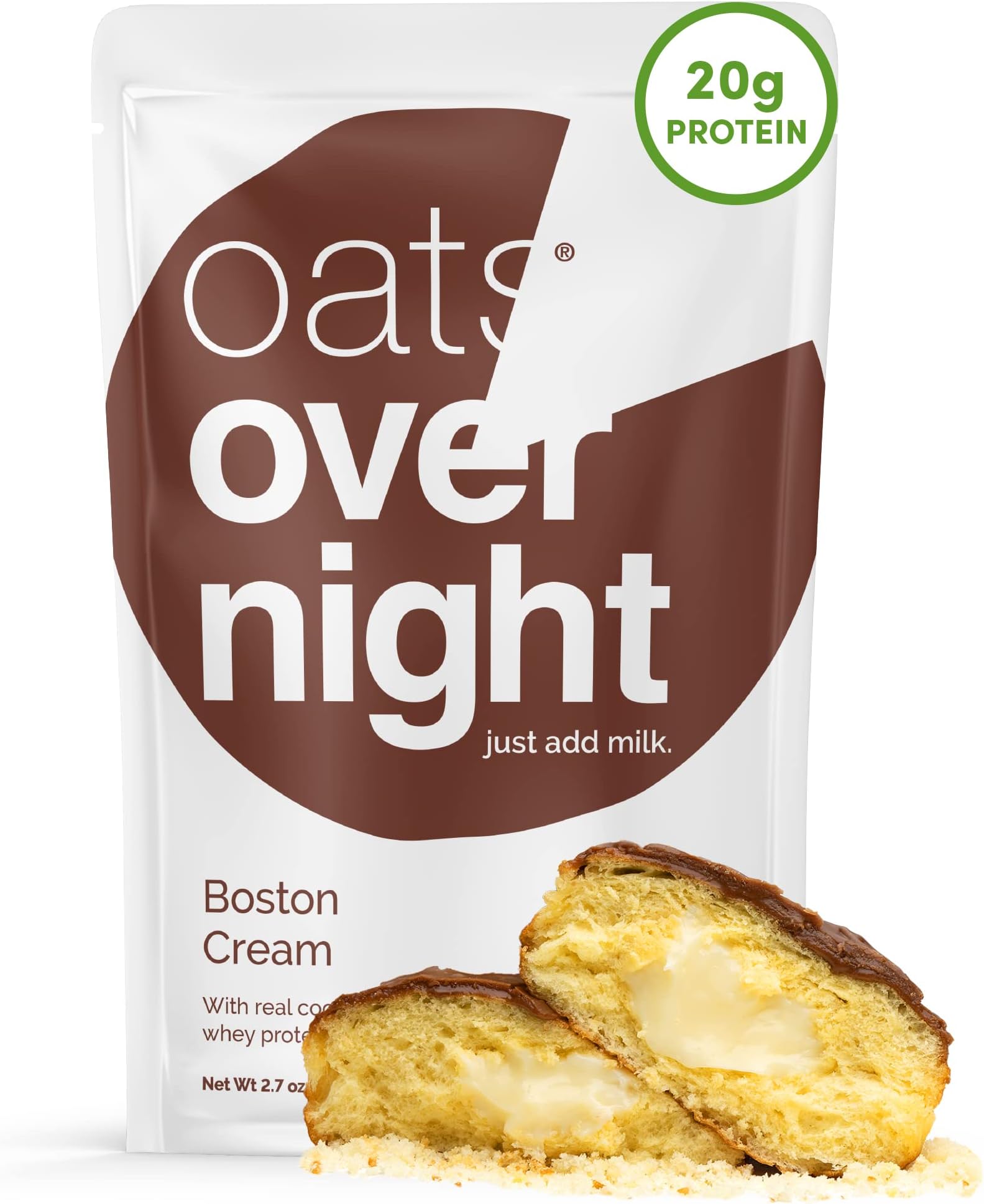 Boston Cream - Overnight Oats with 20g Protein, High Fiber Breakfast Protein Shake - Gluten Free Oatmeal, Non GMO High Protein Oatmeal (2.7 oz per meal) (8 Pack)
