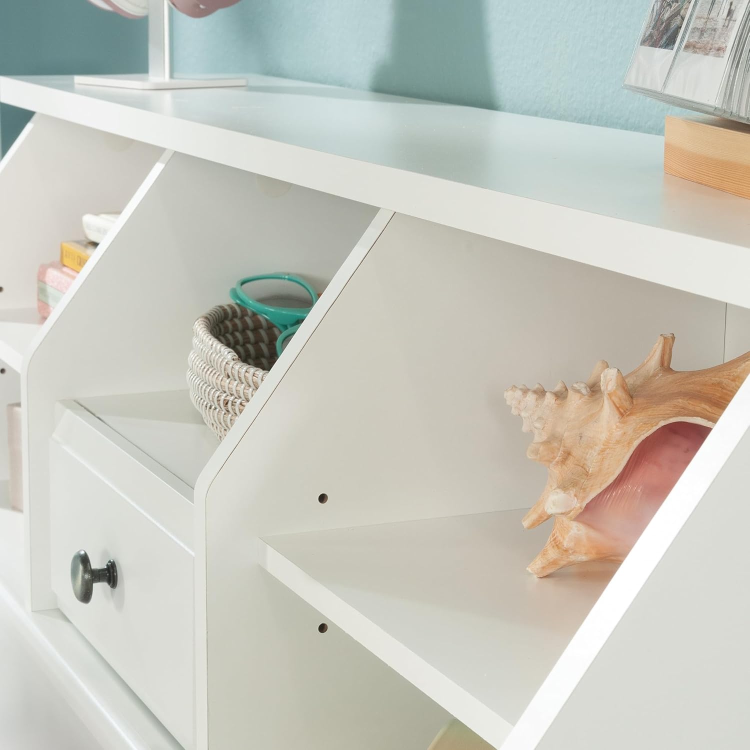 Pemberly Row Wood Twin Bookcase Headboard, 42" x 11.5" x 41.87", Soft White Finish, 2 Shelves, Adjustable Storage, Hidden Drawer, Cord Management, Bedroom Furniture for Twin Bed