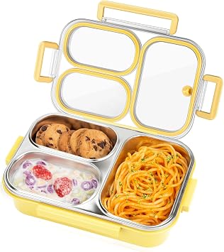 Stainless Steel Lunch Box, Leakproof 3 Compartment Stainless Steel Bento Box for Home Work Travel Outdoor Camping Durable Eco-Friendly Dishwasher Safe Yellow