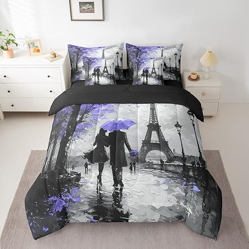 Feelyou Eiffel Tower Bedding Set Queen Size 7 Pieces Couple Purple Romantic Pari