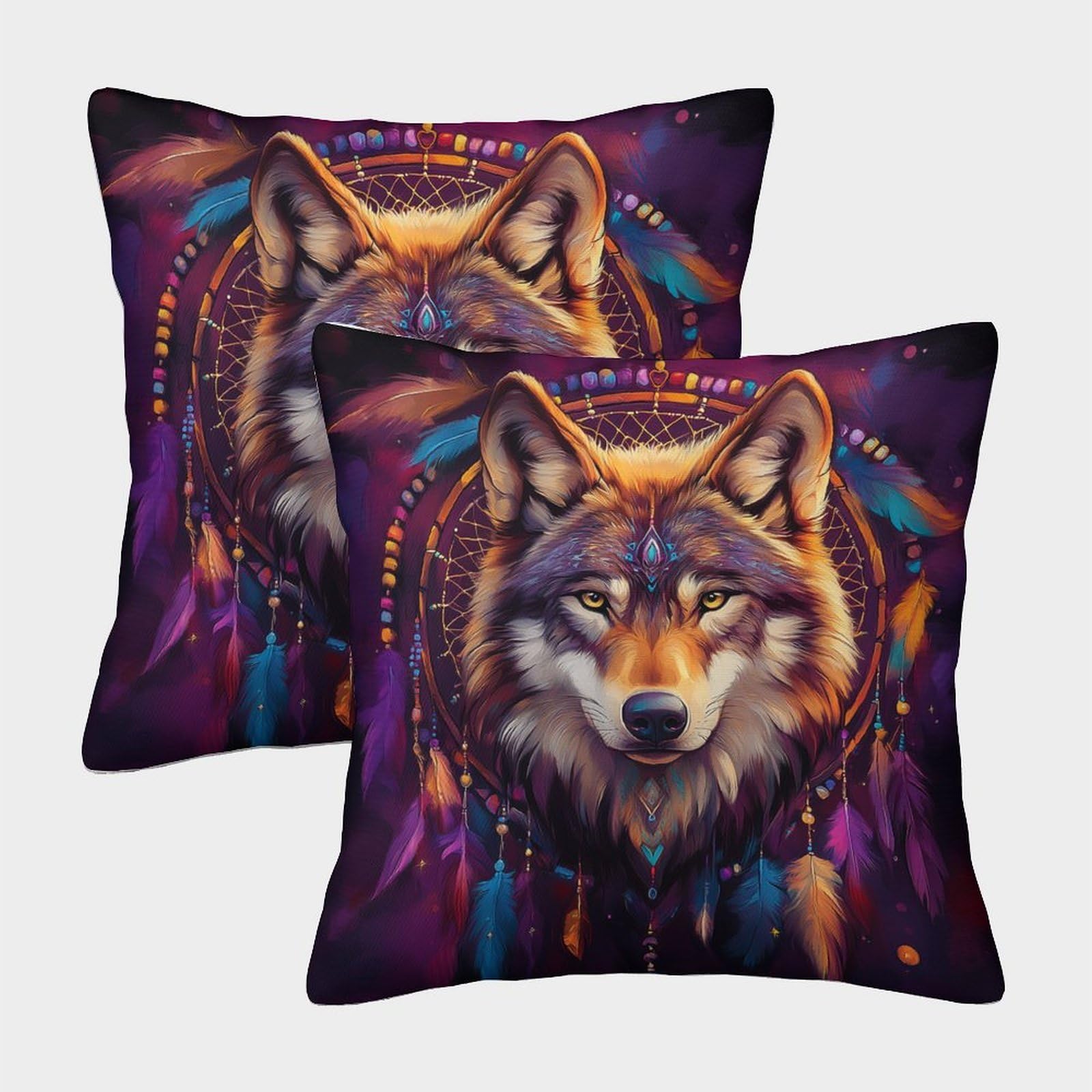 QFVANSIYO Ethnic Dreamcatcher 3D Printed Pillowcase Microfiber Bedroom Decor Wolf Pattern Pillow Cover Soft Breathable for Adults Teens 50x50cm