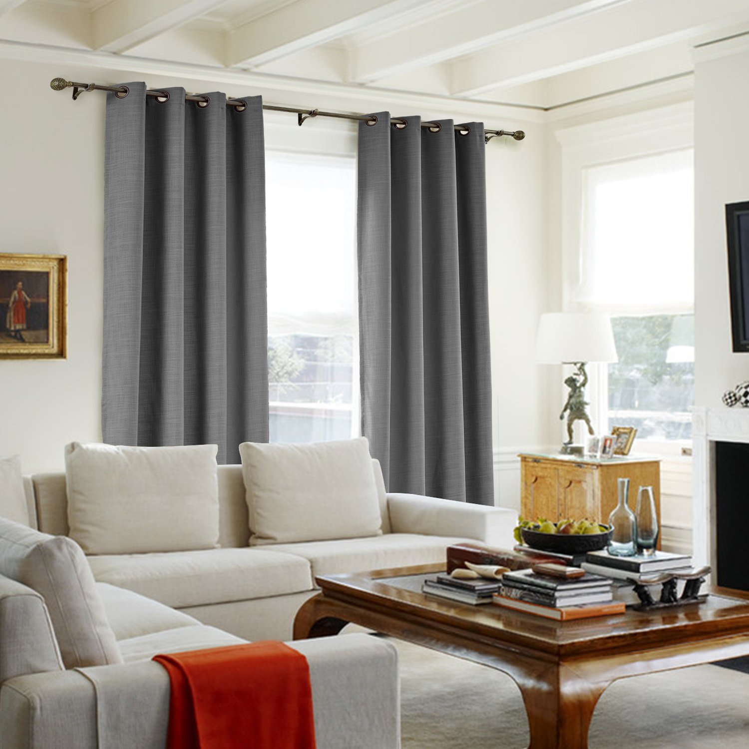 ChadMade L 140 x H 240 CM Gris Carbone Rideau en Faux H Lin Draperies Occultants Double Face, Rideau à Oeillets Bronze Antique Assombrissant pour Porte Coulissante Verre Patio Salon (1 Panneau)