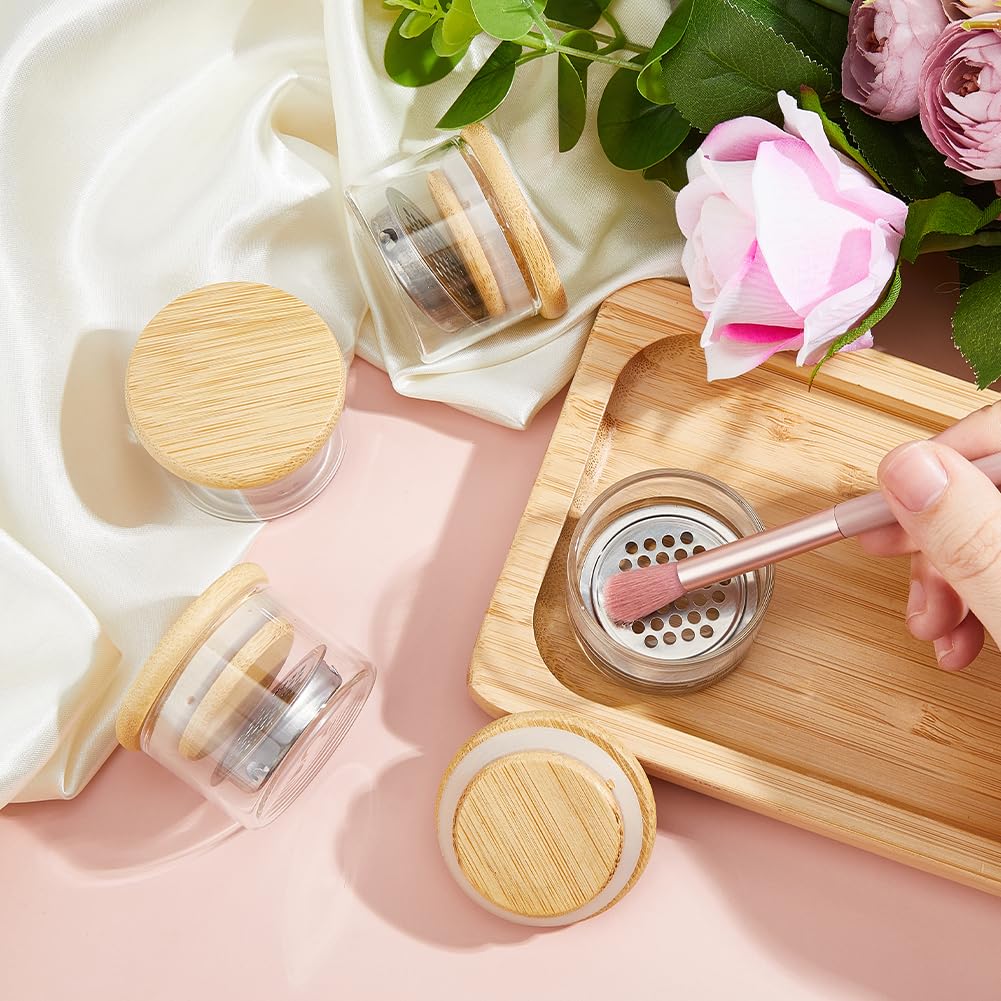 DICOSMETIC 4Pcs Nail Brushes Washing Cup Nail Glitter Removal Cup Nail-Brush Cleaner Dappen Dish with Bamboo Lid and Stainless Steel Mesh Easy Cleaning Portable Mesh Layered - Image 3