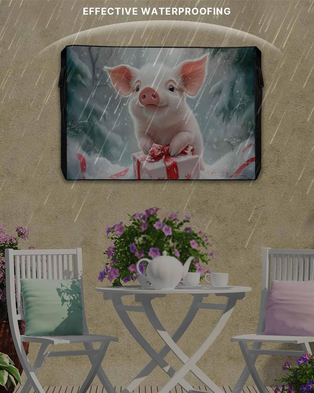 Outdoor TV Cover Christmas Pig Pet with Xmas Gift Weatherproof Waterproof Outside TV Protector with Zipper,Winter Snow Pine Tree Forest Smart Television Screen Cover for 40 to 43Inch Screens image 3