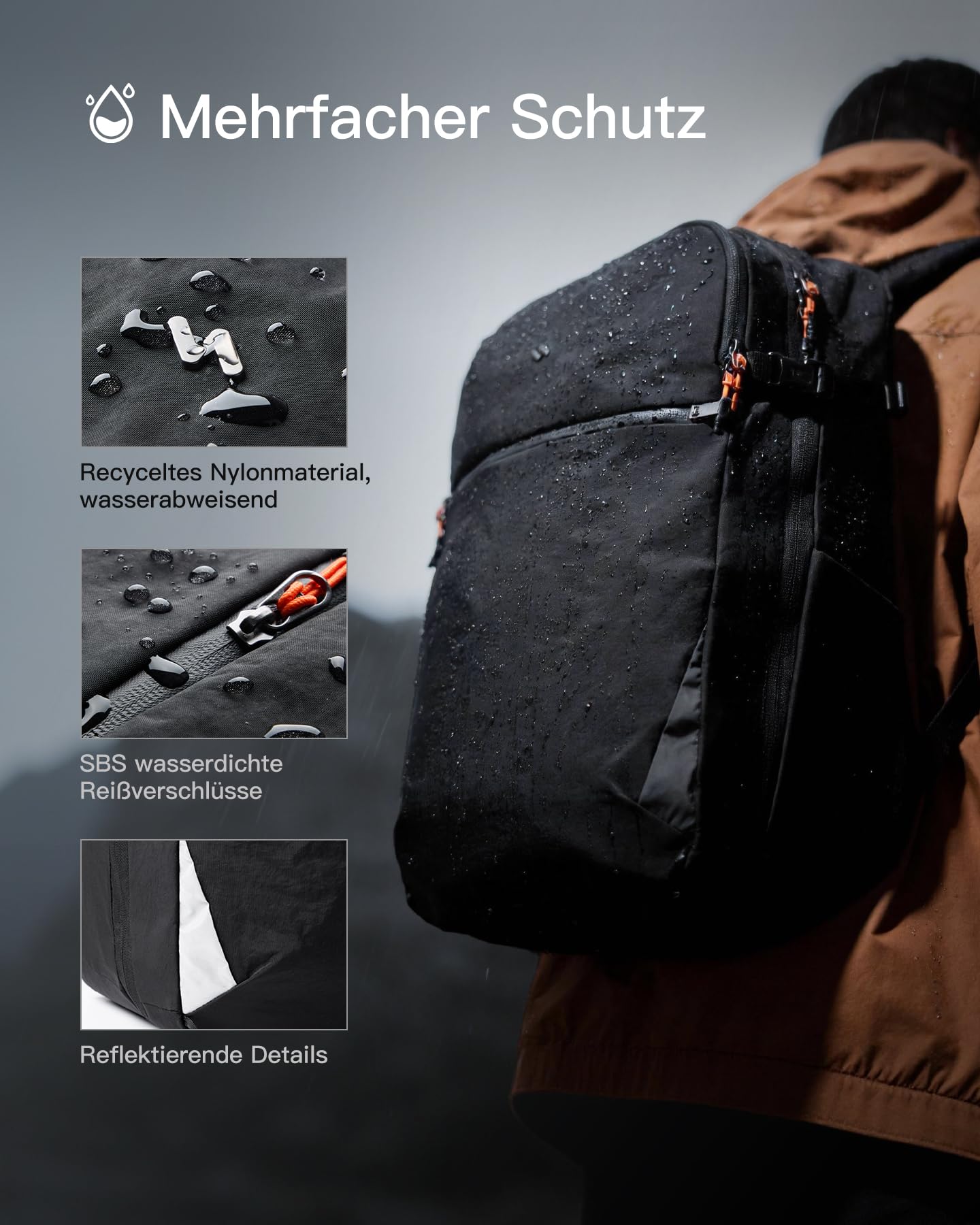 Inateck Leichter Reiserucksack 38.5-46L, Erweiterbarer Handgepäck Rucksack | Spritzwassergeschützt TSATravel Backpack Herren für 16 Zoll Laptop, Hauptfach um 180° öffnen, für Business, Weekender Trip