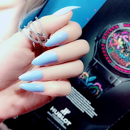 Misud Stiletto Fake Nails 24 Pcs Light Blue Almond Shape Sharp Artificial Glossy Wearable False Nails Art Tips Sets Amazon Ca Beauty Personal Care