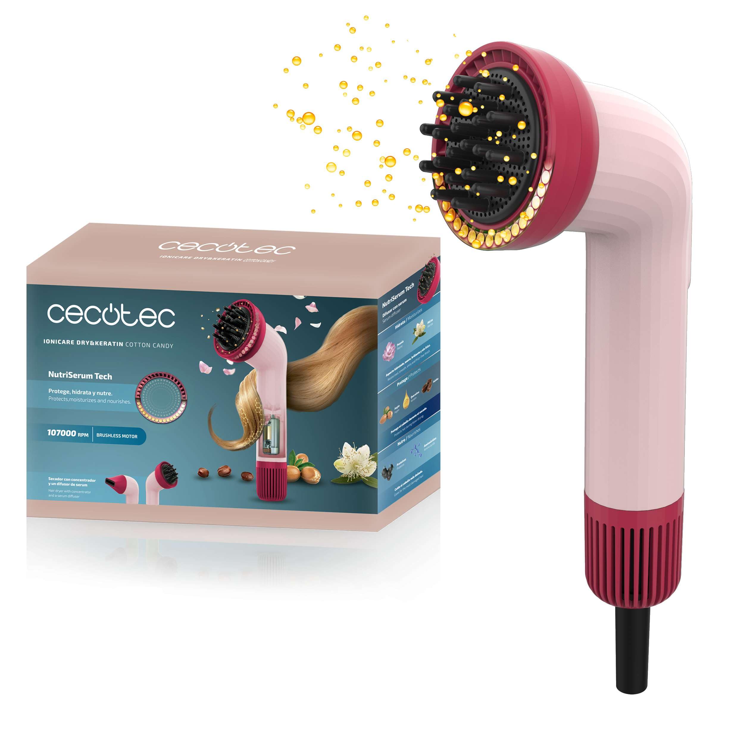 Cecotec Sèche-cheveux Compact IoniCare Dry&Keratin Cotton Candy. 1200W, 107000RPM, Moteur Brushless, Fonction Ionique, Tête avec Technologie NutriSerum et Dents Dures, Tête Concentratrice, Rose