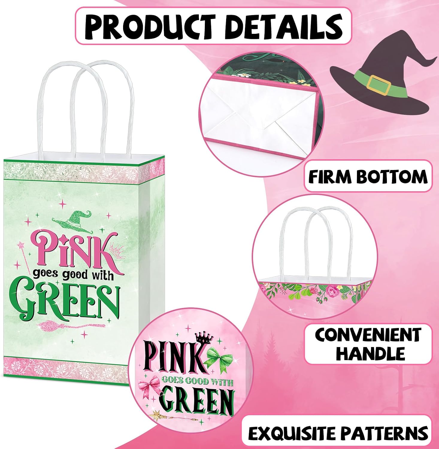 24PCS Pink and Green Birthday Party Favor Gift Bags with Handles Witch Paper Goodie Bags Witch Hat Bow Parties Supplies Witch's Hat Party Decorations for Baby Shower Halloween Princess Themed Birthday image 3
