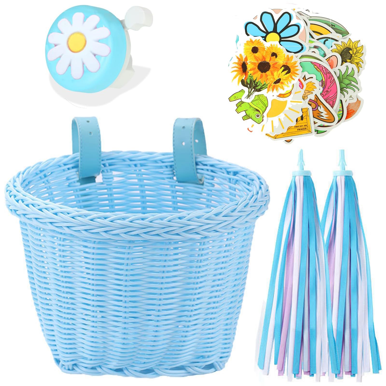 SVNR Kids Bike Basket, Wicker Girl Bike Basket Blue, Bike Handle Bowknot Streamers,Stickers and Bell, Children Cycling Basket with Spare Leather Straps, Easy Install Detachable