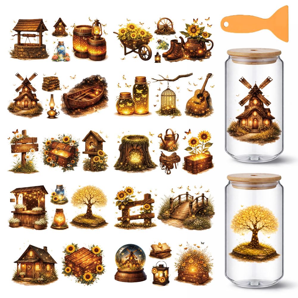 GOMAKERER 10 Sheets Glow Firefly House Scenery UV DTF Cup Wraps, Firefly Lamp Fantasy Garden Cup Wrap Decals Sunflower Boat Guitar Crystal Ball Waterproof Rub on Transfer for Glass Cups Furniture