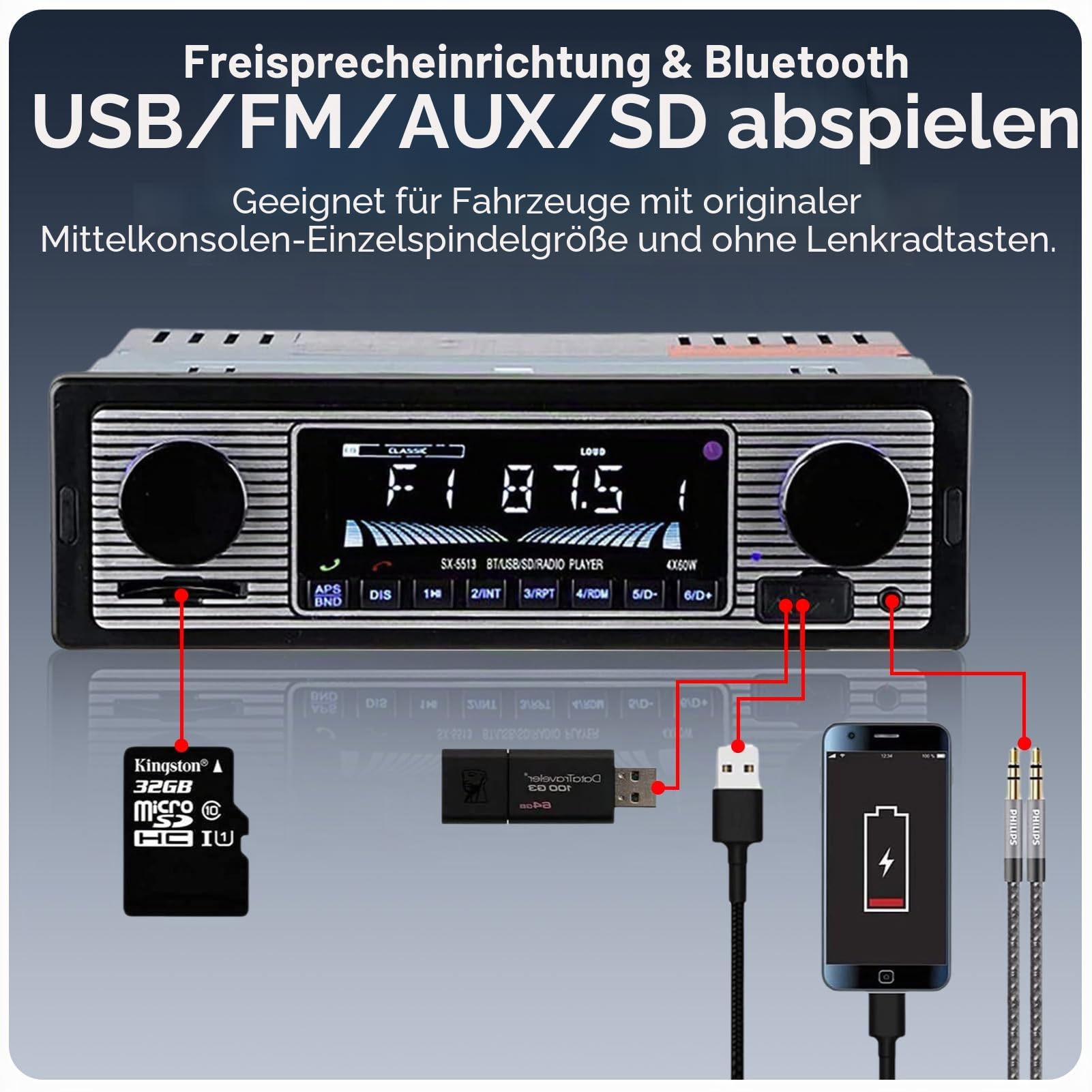 Classic Car Stereo Bluetooth Car Radio 2 Knob Single Din 60WX4 FM Freisprecheinrichtung Autoradio Oldtimer MP3 AUX USB U-Disk Audio mit Fernbedienung