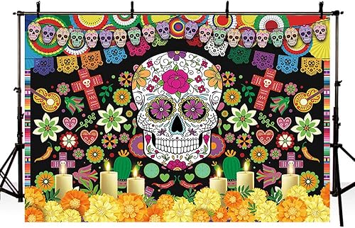 Miniatura 3 de MEHOFOND Telón de fondo del Día de los Muertos para fiesta mexicana, Día de los Muertos, decoración de fiesta de cumpleaños, suministros de