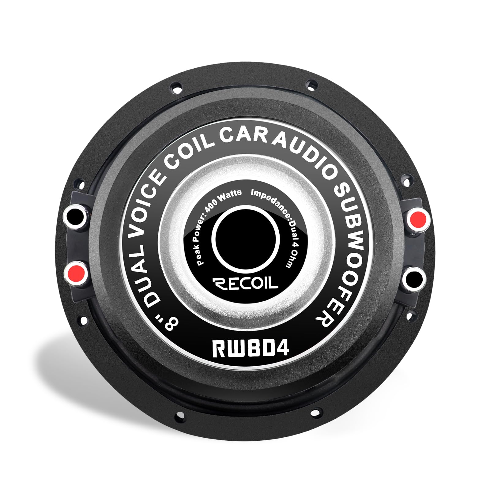 RECOIL IRW8D4 Subwoofer Coche 20cm (8") Doble Bobina 4 Ohm 400W MAX | 200W RMS, Bobina 4 Capas 2", Cono Papel Competición, NBR, Refrigeración Avanzada, Par