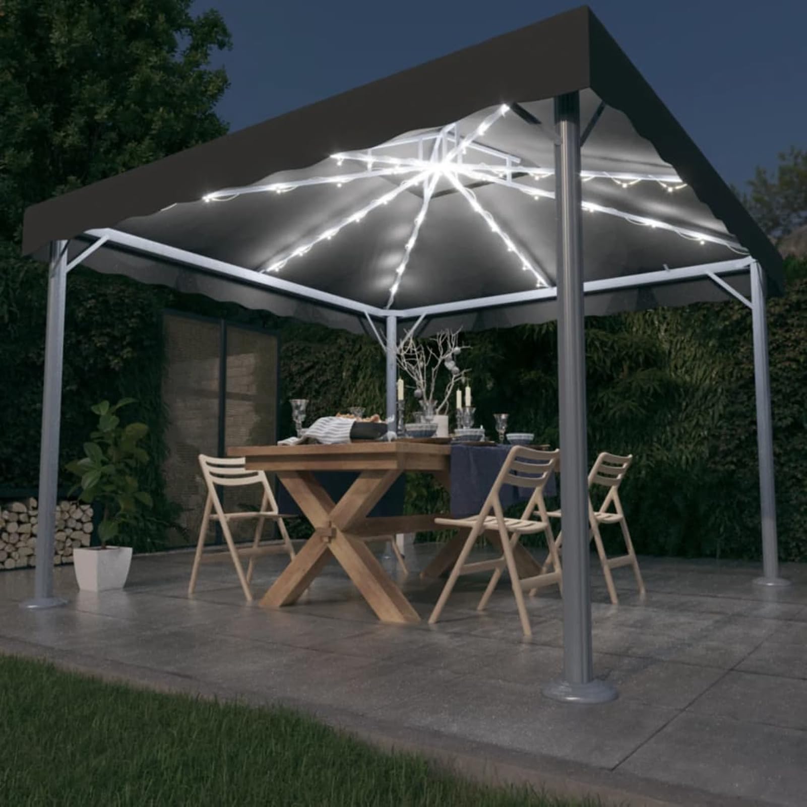 Gazebo con Stringa di Luci LED 300x300 cm Antracite Alluminio,Gazebo Pergola Con Telo Impermeabile Richiudibile E Struttura Rettangolare In Acciaio Inossidabile Ad Alta Densità,Per Arredo Giardi