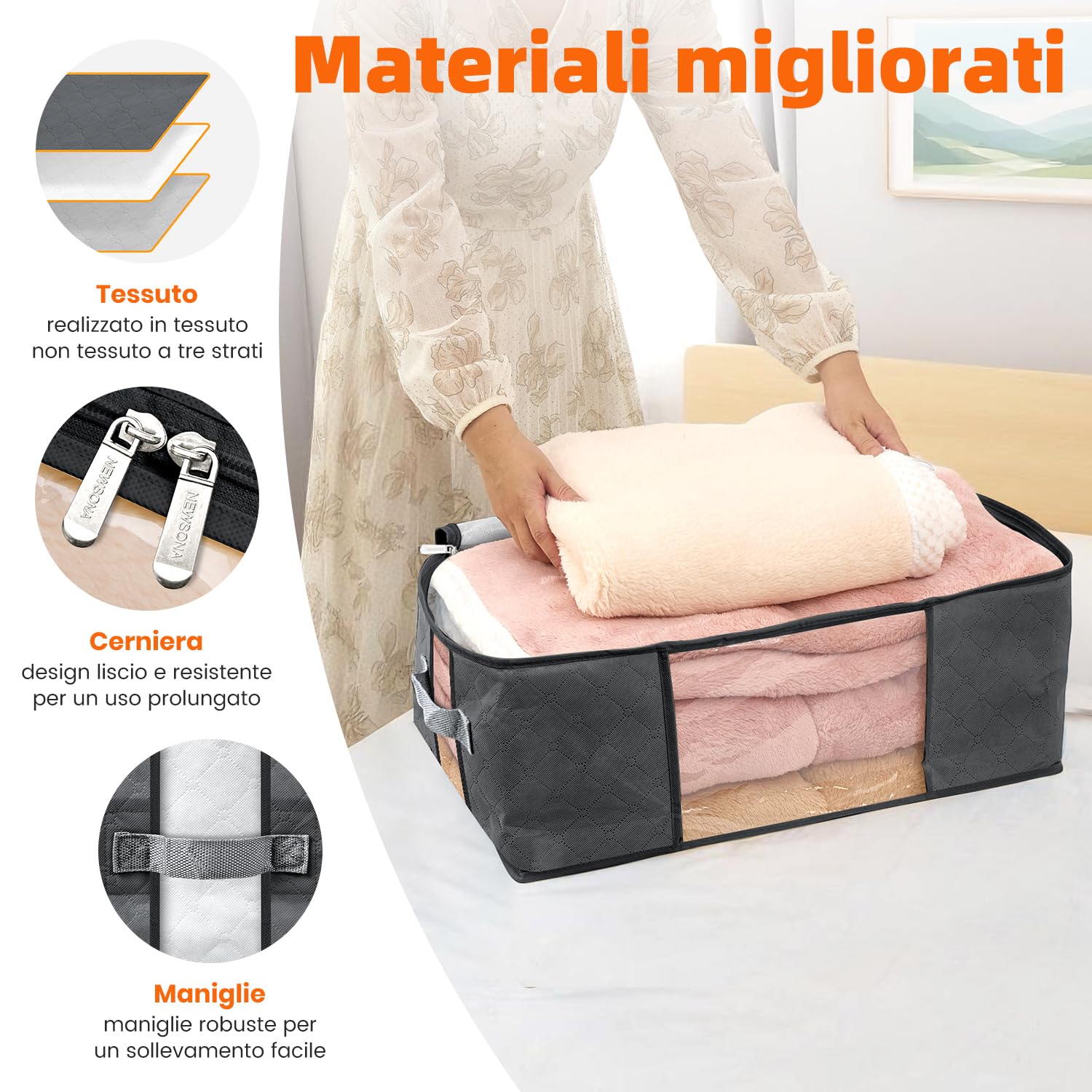 3 Pezzi Contenitori Sottoletto 40L per Vestiti, Borse Salvaspazio Pieghevoli in Tessuto non Tessuto 120g con Doppia Finestra Trasparente Frontale e Laterale, Maniglie Rinforzate, Grigio