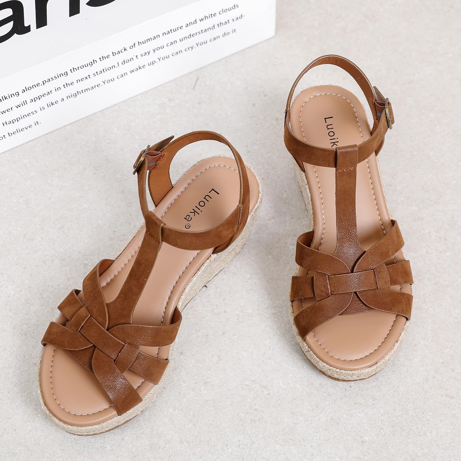 Luoika Women's Wide Width Wedge Sandals, Platform Ankle Strap Open Toe Espadrille Wedge Pump Heel Women's Sandals Concise Casual Summer Shoes. 23001,Brown,10XW - Image 7