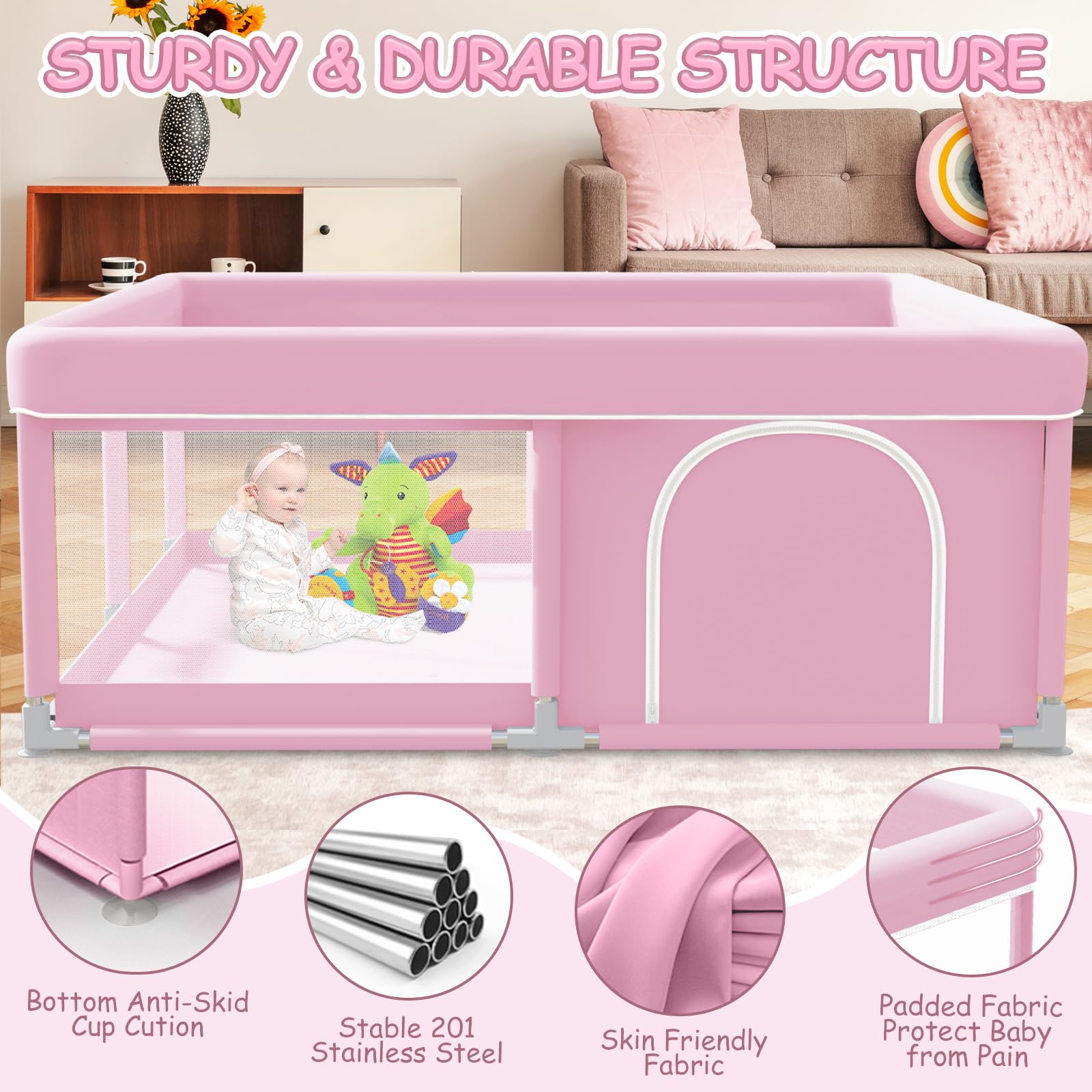 Baby Playpen 50 x 50 Inch Play Pen Playards, Playpen for Babies and Toddlers, Baby Playard for Indoor & Outdoor Active Center Game Fence, with Skin-Friendly Fabric and Soft Breathable Mesh Pink