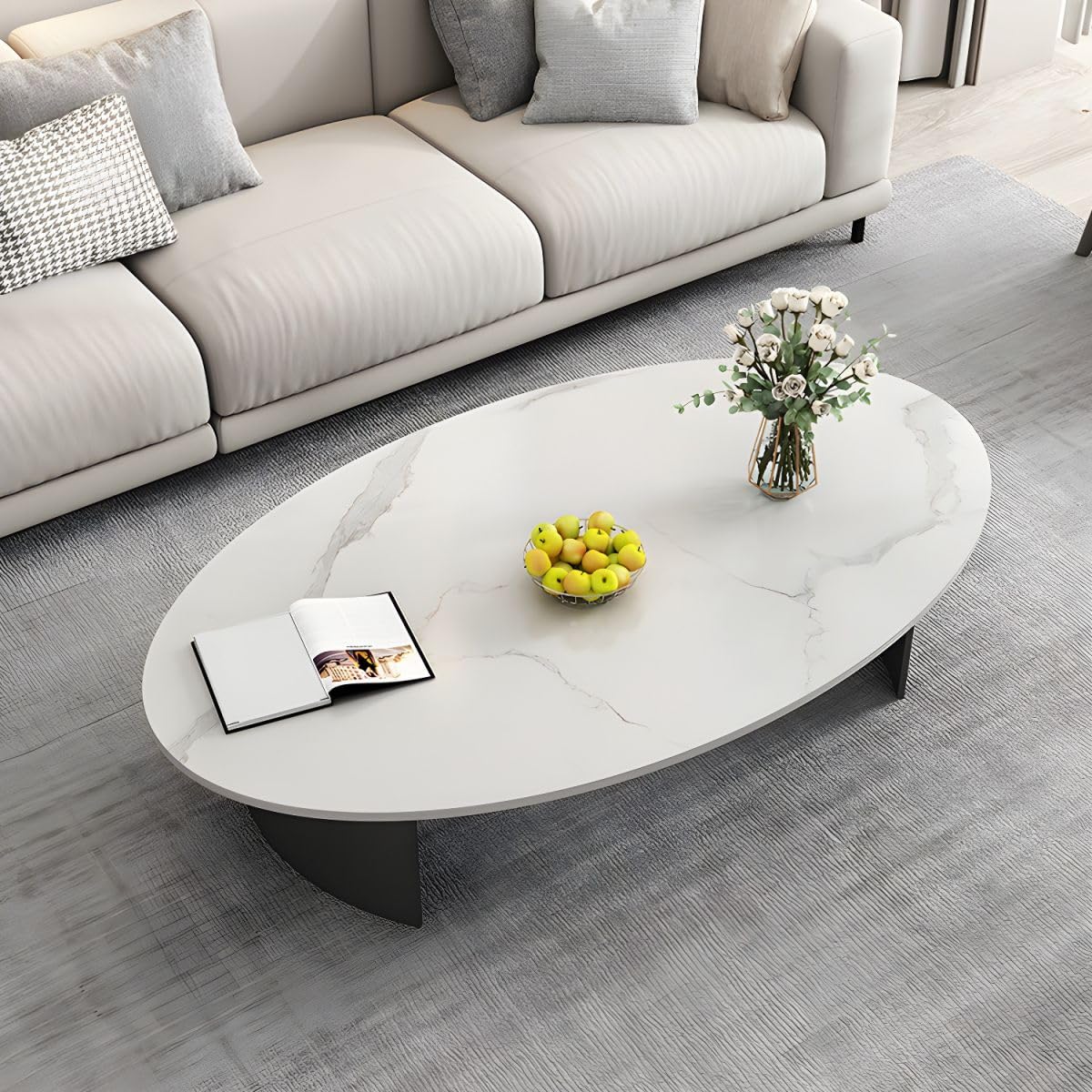 MESCXTY Coffee Table, Mid Century Modern Oval Stone Tabletop SideTable Table with Double Pedestal Metal Base for Living Room Center -White 63" L x 31.5" W 18" H