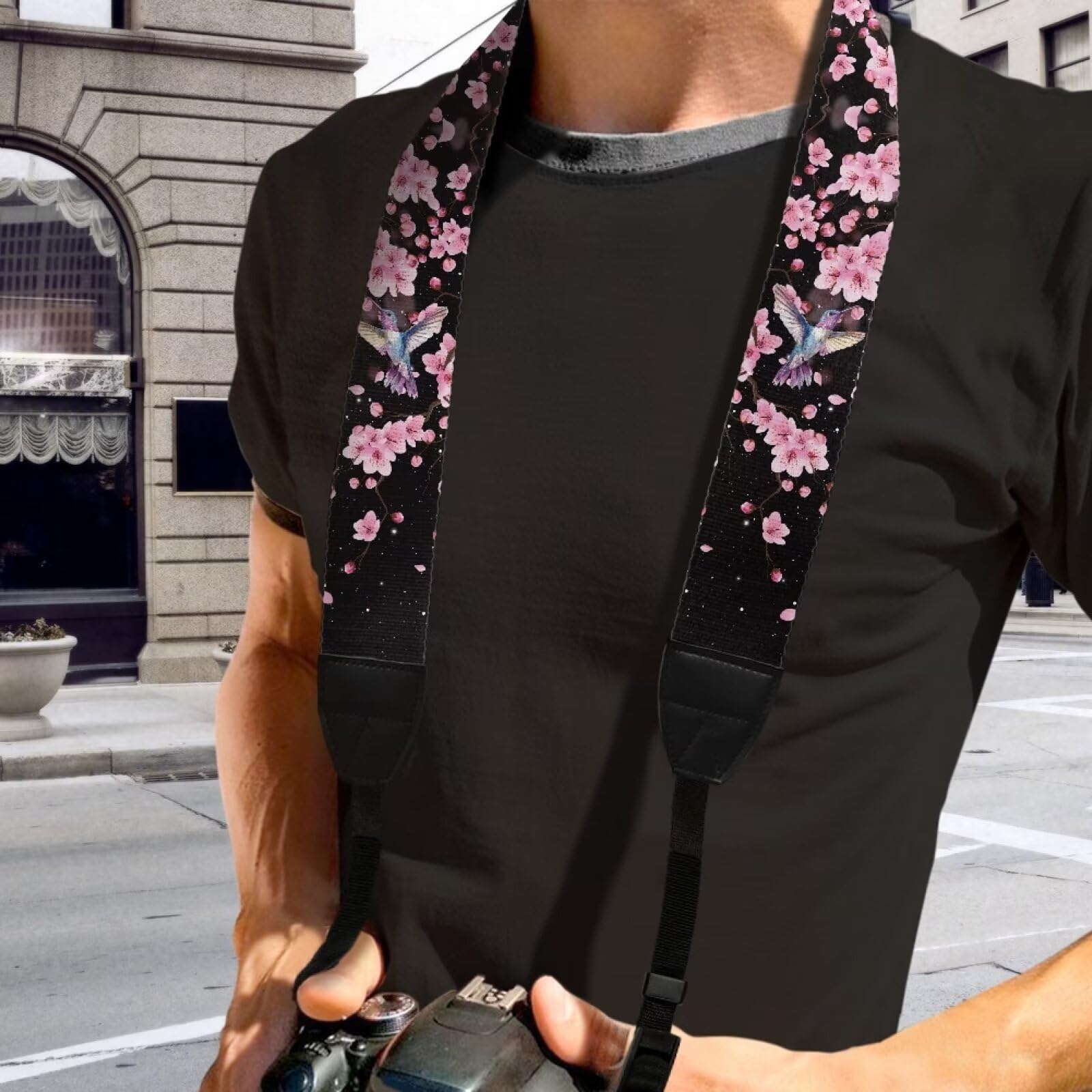 GLENLCWE Hummingbird Cherry Blossom Wide Camera Strap for Men Women Adjustable Neck Shoulder Strap Replacement Belt with Buckles for Cameras