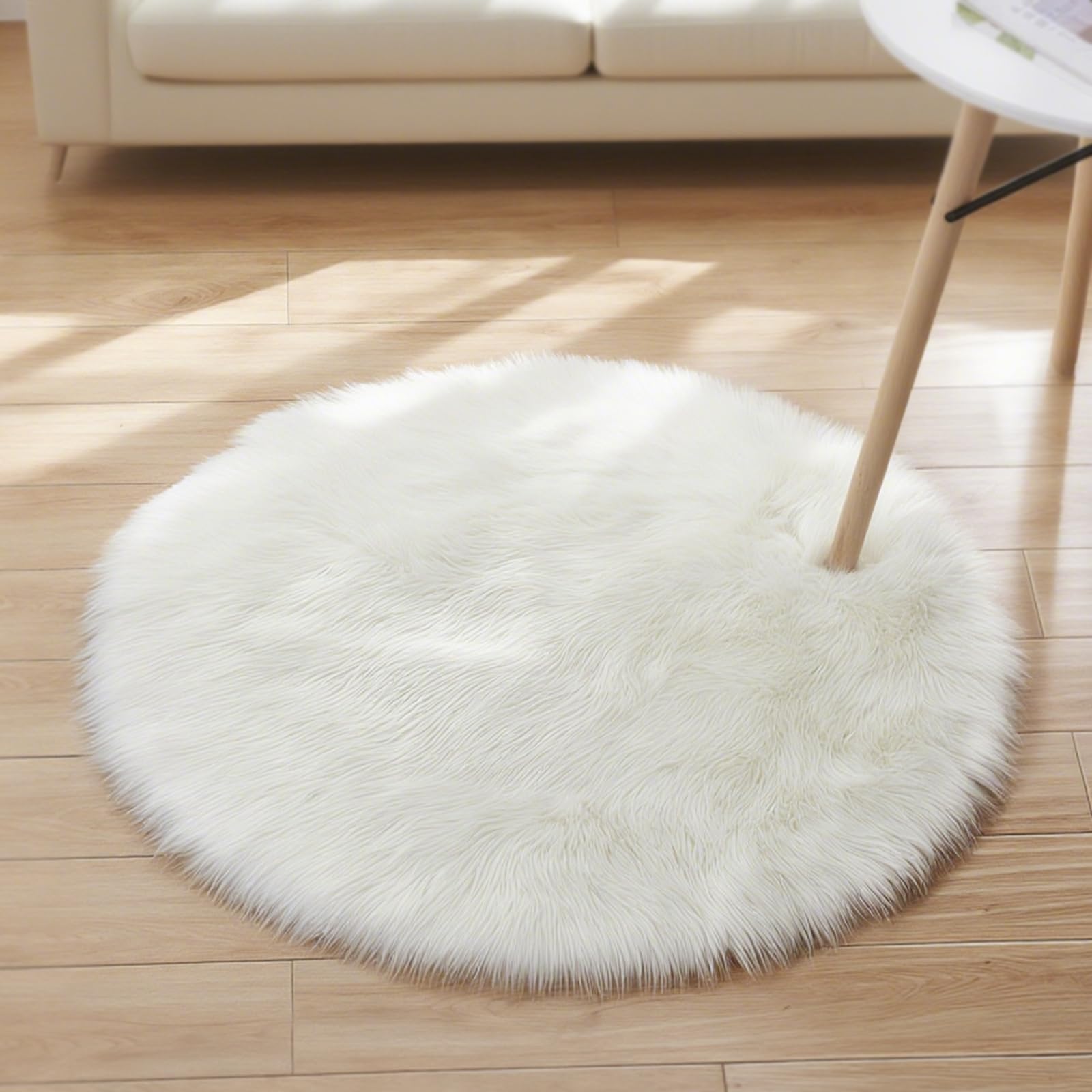 AMFUN Runder Kunstfell Teppich, Faux Lammfell Schaffell Teppich, Super Flauschiger und Weicher, Teppiche Rund für Schlafzimmer, Wohnzimmer, Lounge (Rund, weiß, 45 x 45 cm)