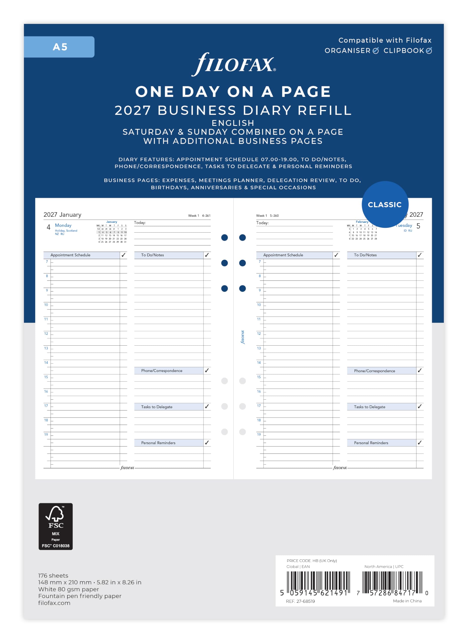 Filofax A5 Business Day per page English appointments 2027 diary 27-68519
