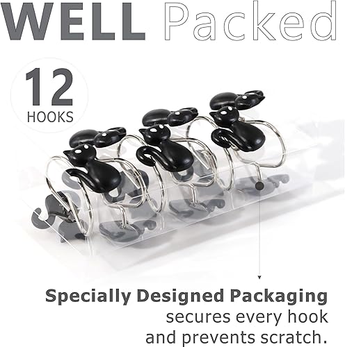 Miniatura 5 de Ganchos para cortina de ducha de gato negro de Halloween, diseño de gato gótico espeluznante con anillos de acero inoxidable a prueba de óxido,