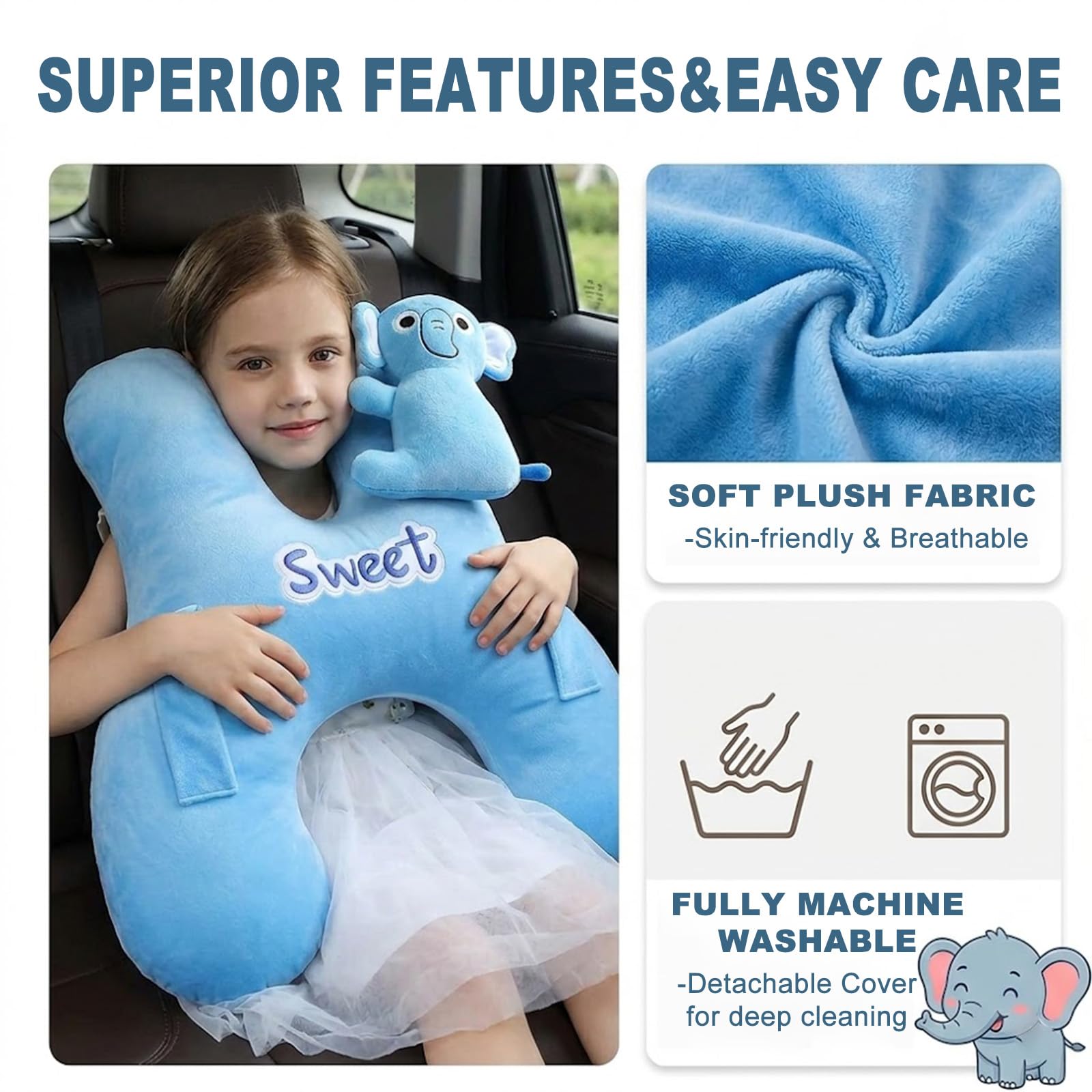 Devineresse Cuscino da viaggio per bambini, forma H, con supporto laterale, rimovibile, cuscino per dormire in auto, in viaggio, in velluto con elefante