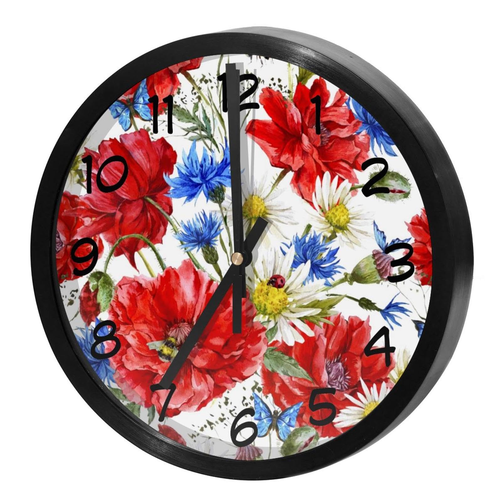Horloge murale à quartz haute précision | Design d'art floral coquelicot en fleurs