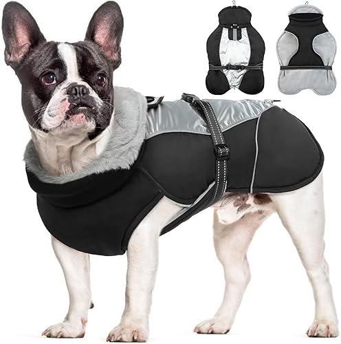 Kuoser Abrigo cálido para perro, chaqueta de forro polar reflectante con arnés, resistente al viento, impermeable, abrigo de invierno para perro,