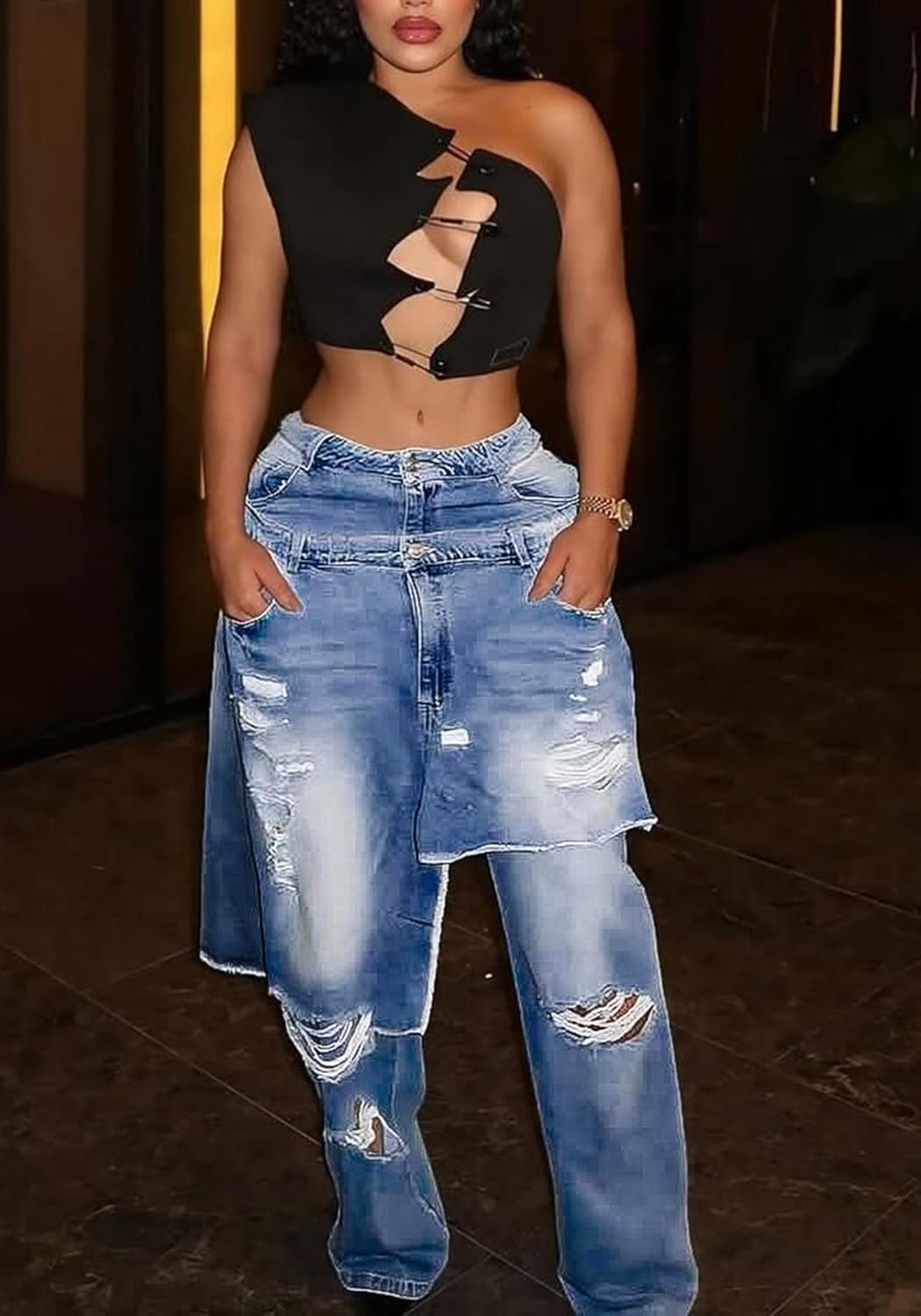 Women's Ripped Jeans High Waisted Baggy Distressed Patchwork Denim Pants Loose Wide Leg Y2K Jeans with Pocket - Image 4