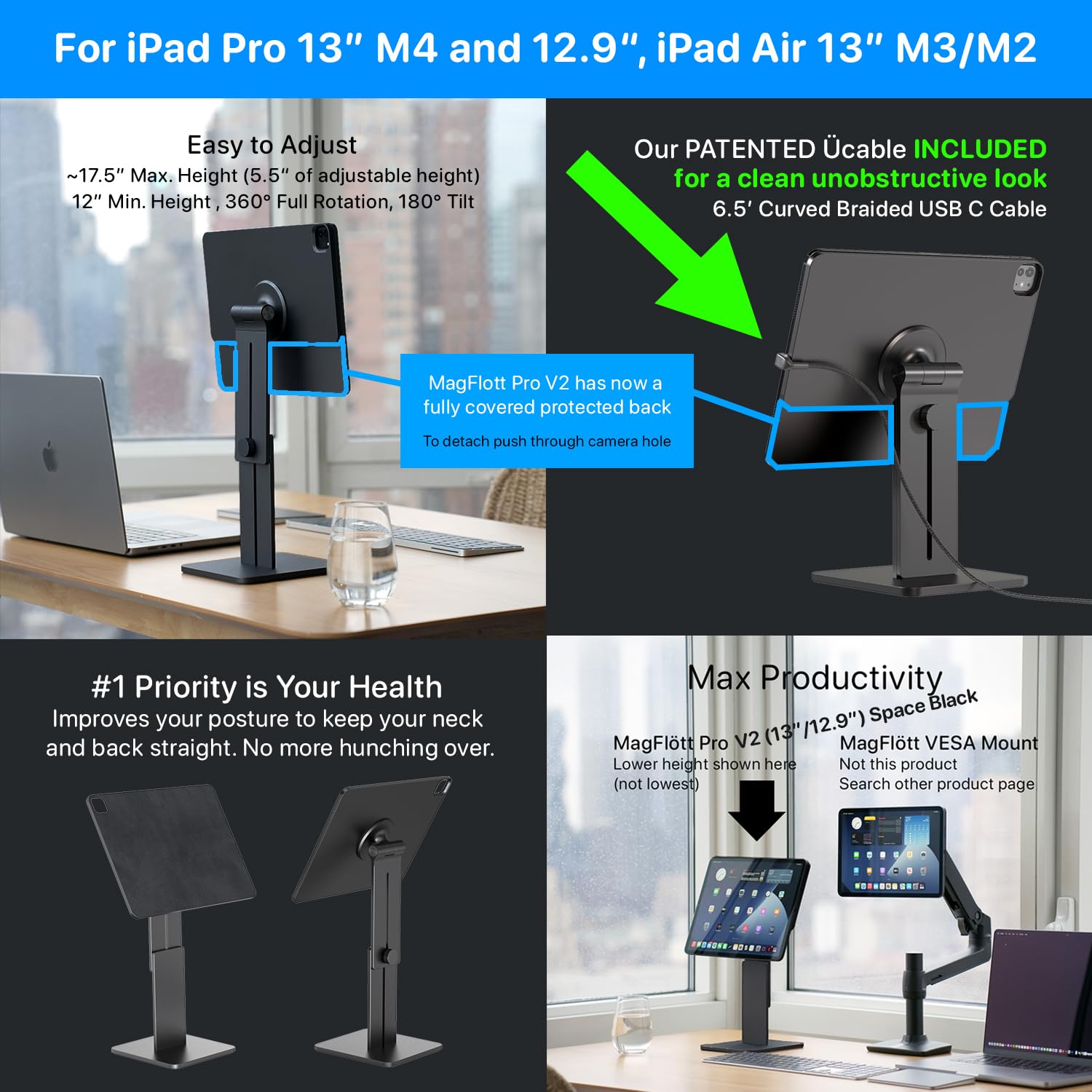 CharJenPro MagFlott VESA Mount V1 11" / 10.9" For IPad Pro 11 [not For IPad Pro 11 M4], Air 11" M3/M/10.9", Magnetic For IPhone W/MagSafe. Include Ucable. Need No Tools. Arm Mount Not Included