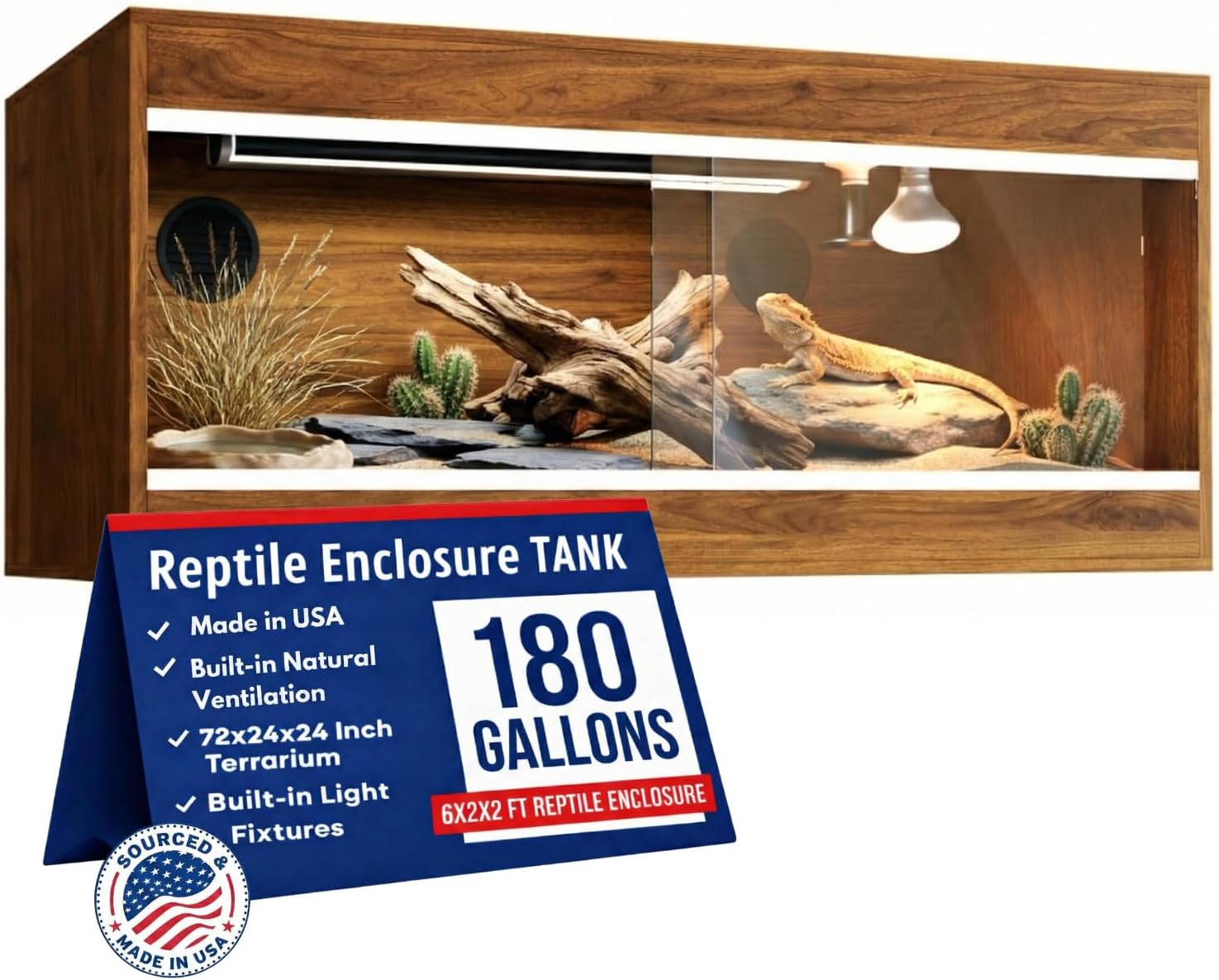 180 Gallon Reptile Enclosure, Made in USA 72" x 24" x 24" Bearded Dragon Tank with Sliding Glass Doors, Large Terrarium for Geckos, Snakes, Lizards & Tortoises - California Walnut