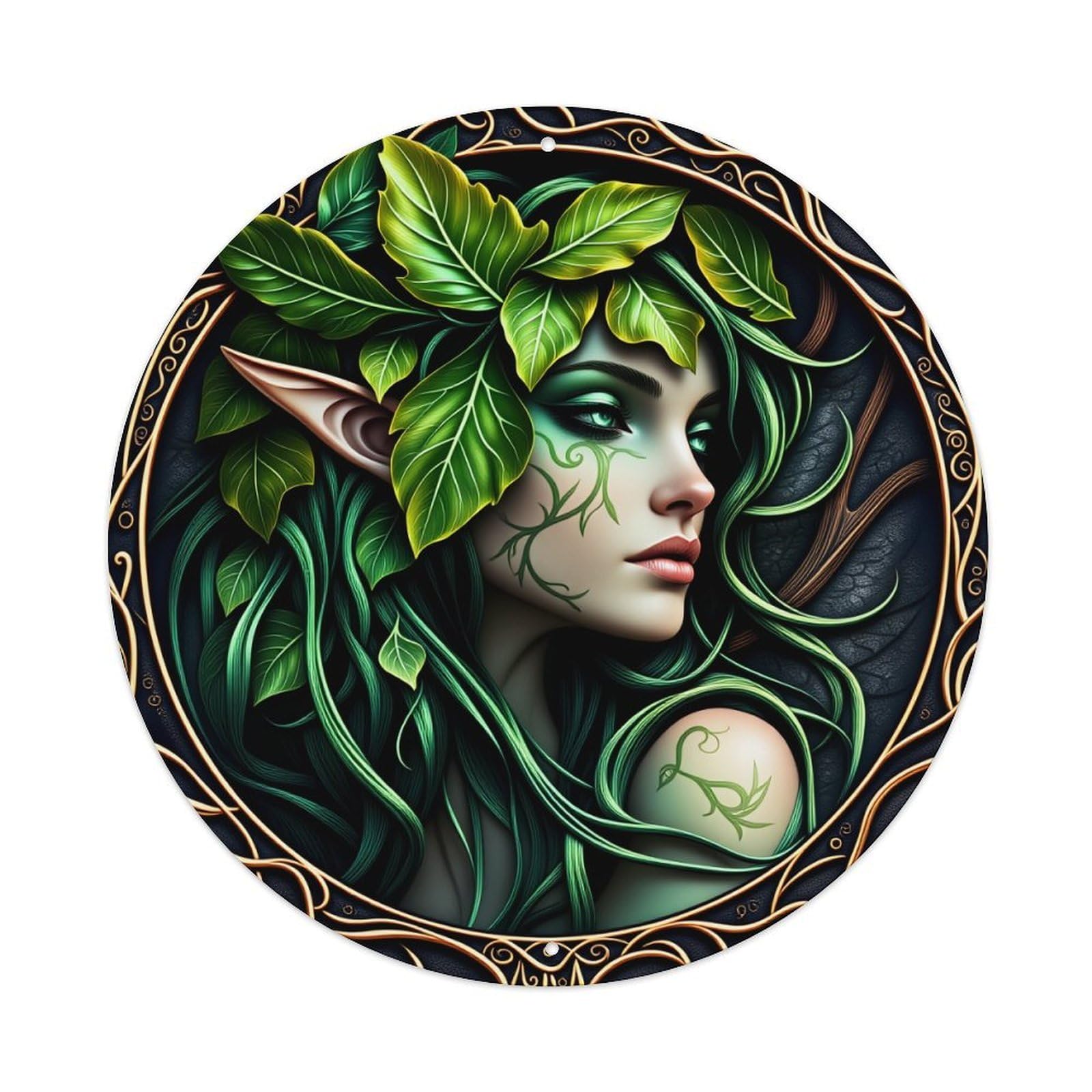 Elven Nature Goddess Portrait Art Round Tin Sign Vintage Style Metal Sign Home Bar Garden Wall Plaque Decor Metal Poster 8x8 Inch