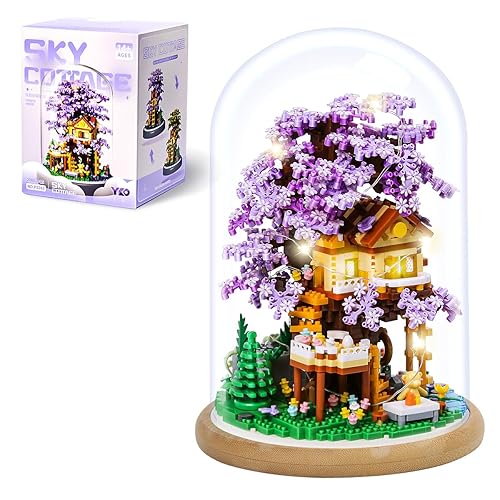 DIY Flower Building Toy Sets Miniature Cherry Blossom Tree House Building Kit, Purple & Yellow Sakura Flowers, Building Blocks Set for Adults & Girls - Bonsai Tree Model with Dust Cover - YUGAO-P2243