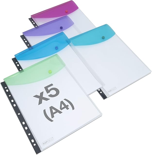 Rapesco 1630 High Capacity Ring Binder Popper Wallet, A4, Transparent Assorted Colours, Pack of 5
