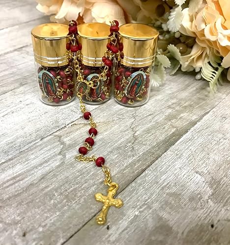 Miniatura 3 de -12 piezas de rosario perfumado en frasco de vidrio con cuentas de rosario de plata católica crucifijo católico Virgen María, lote de 12 (rojo con