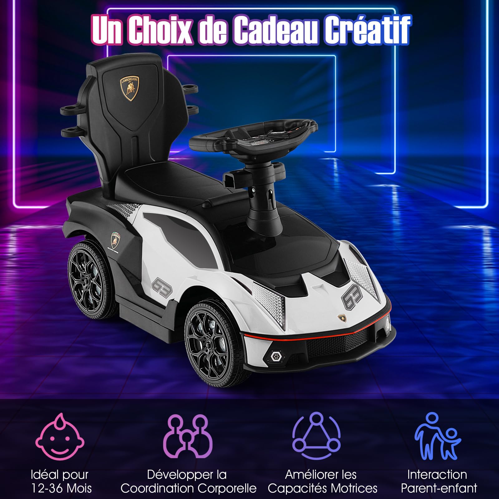 DREAMADE Voiture Porteur Enfant pour 1-3 Ans Lamborghini, Porteur Bebe avec Klaxon & Sons du Moteur, Poignée de Poussée, Garde-Corps Amovible, Rangement sous Le Siège (Blanc)
