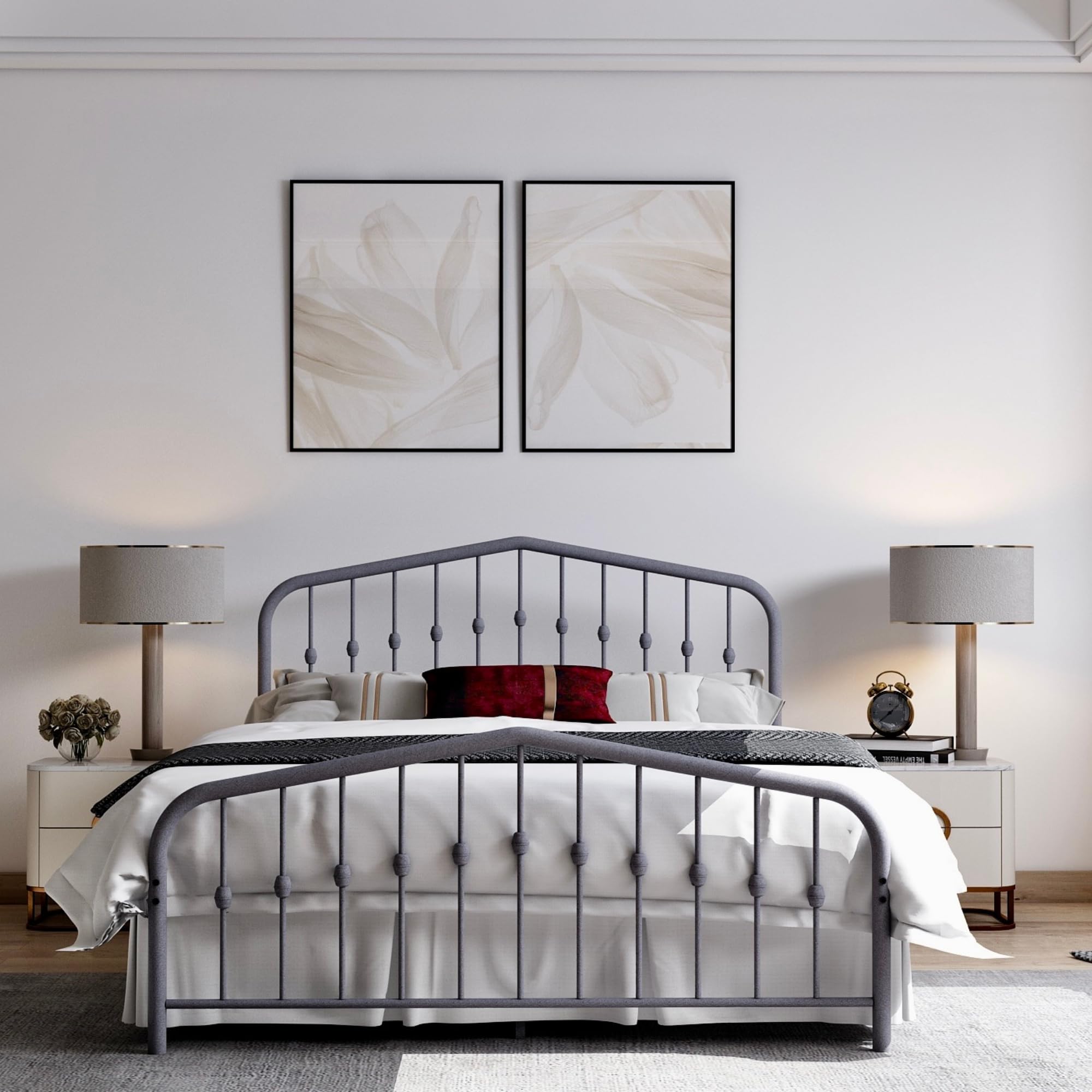 AMBEE21 Washington Queen Metal Bed Frame with Headboard and Footboard Platform/Wrought Iron/Heavy Duty/Metal Slat/Grey Silver/No Box Spring Needed