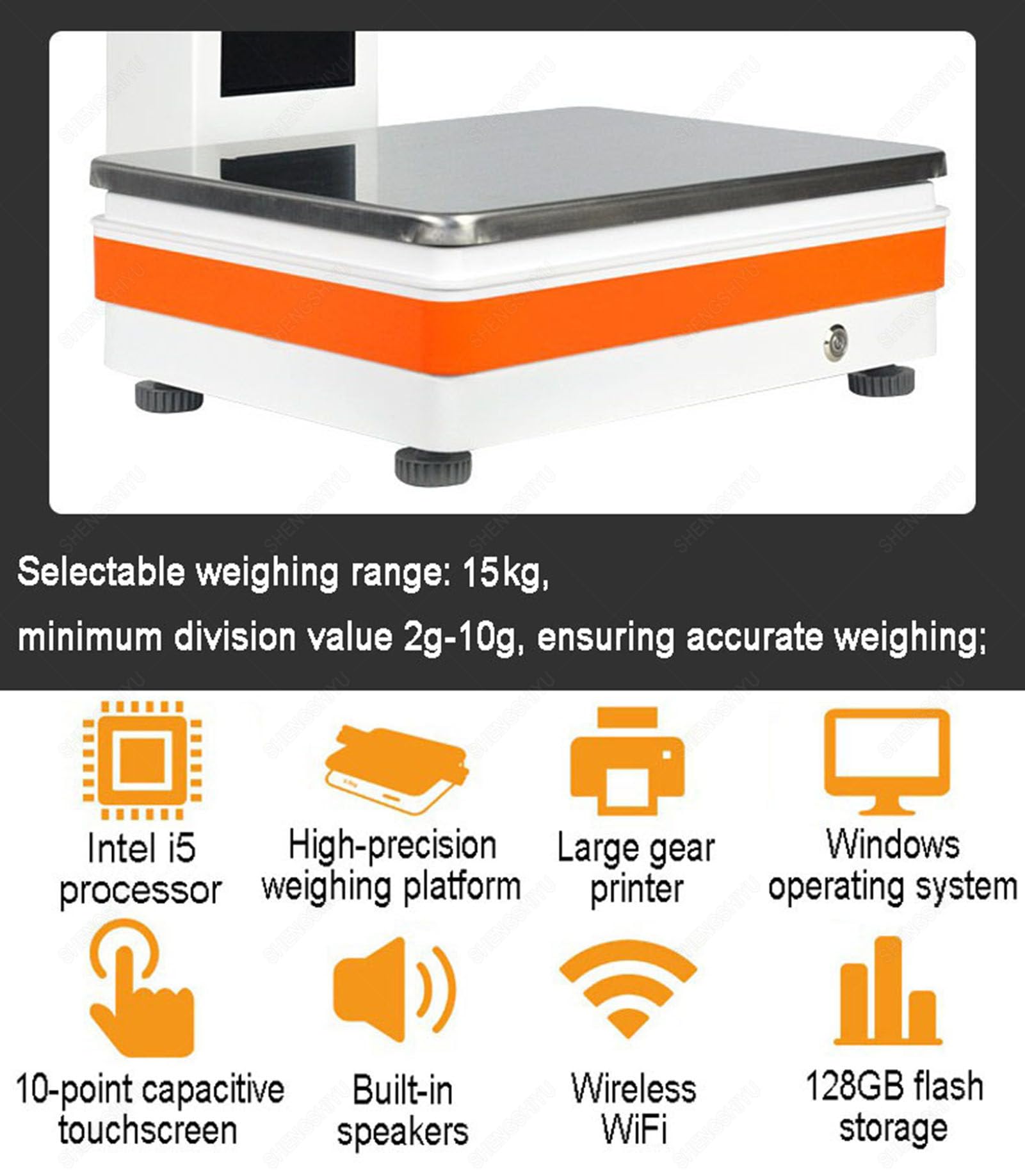 Registratore di Cassa per Negozio,Portata: 15kg,Stampante Termica 58mm,Bilancia Elettronica,Altoparlante,Bilancia con Scontrino,Schermo Secondario per Riproduzione Pubblicitaria