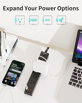 HOPOW Flat Plug Power Strip, 2 Pack, 6 Ft Ultra Thin Flat Extension Cord, Surge Protector with 5 Outlets & 3 USB Ports (2 USB C Slots), 1700 Joules, 3-Prong, Wall Mount for Home Office Dorm, Black
