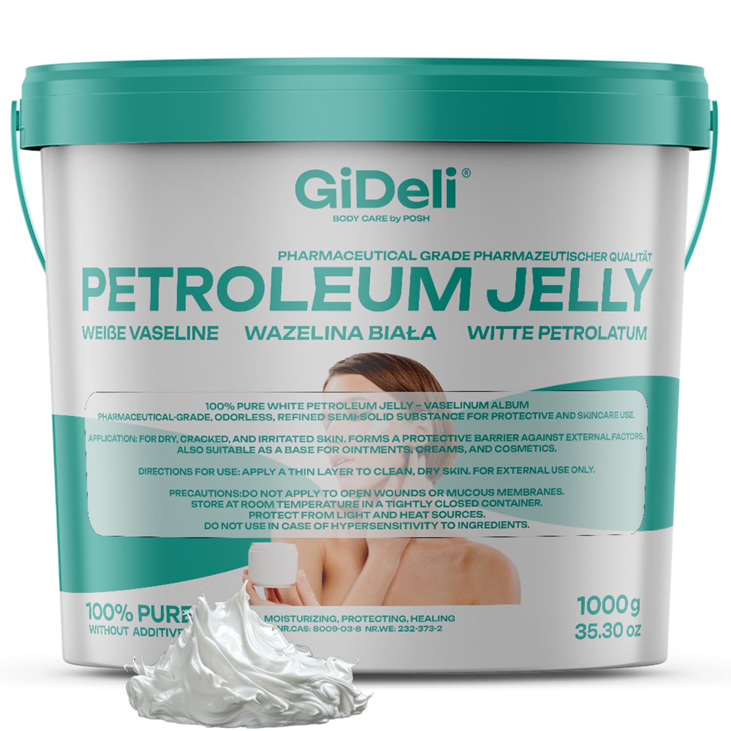 GiDeli Biała wazelina 1 kg w wiaderku – krem do rąk i pielęgnacja skóry – krem tłusty do ekstremalnie suchych stóp, dłoni, ust – balsam do popękanych ust, tatuażu, piercingu, pielęgnacji ciała i
