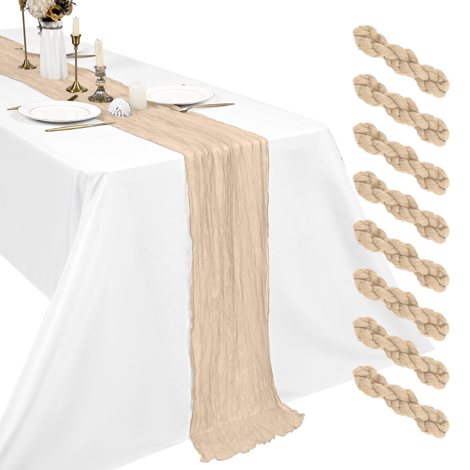8 Pack Beige Cheesecloth Table Runner, 17.7 x 108 inch Boho Gauze Table Runner 45x275 cm Rustic Romantic Long Table Runner for Wedding Party Bridal Shower Christmas Decoration