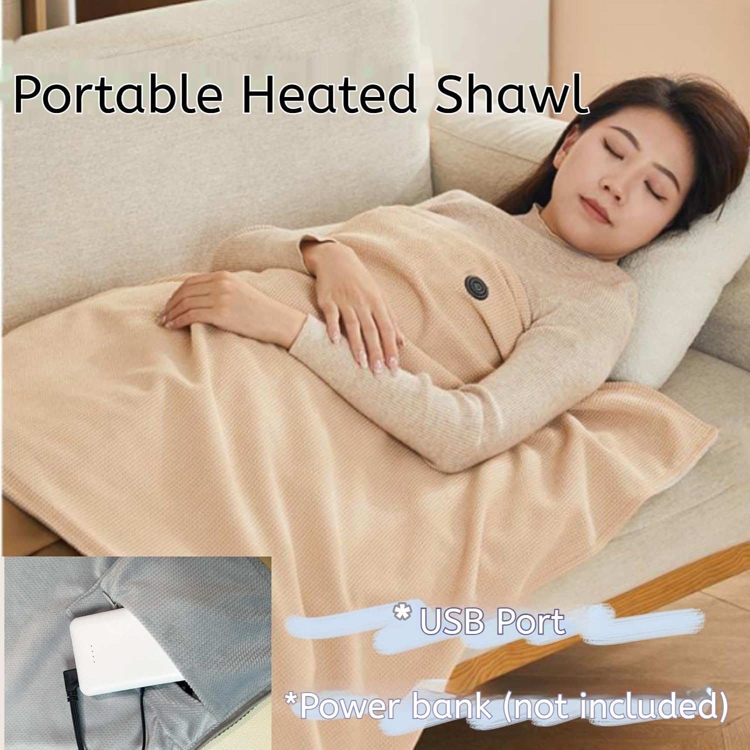 Heated Shawl Wraps for Women, 2026 Upgraded USB Electric Blanket Rechargeable Heating Scarf, Warm Winter Shawl Wrap Portable Heated Throw for Car Office (Beige Cordless with Power)