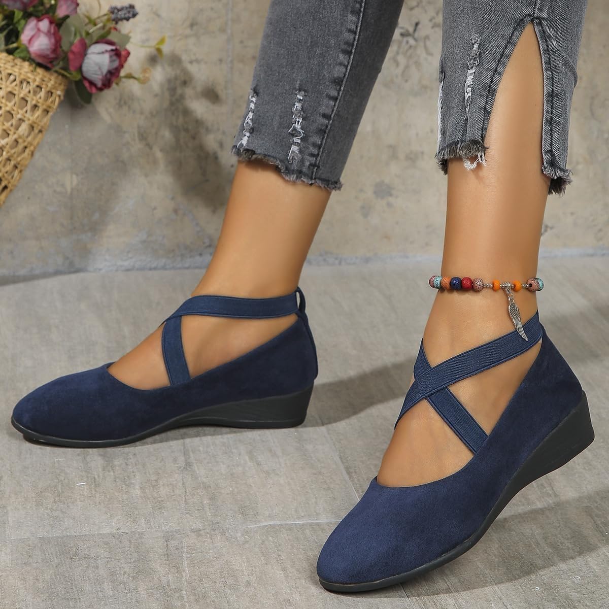 Chaussures compensées confortables à enfiler pour femme - Légères et antidérapantes - Talons bas compensés - Ballerines de travail décontractées