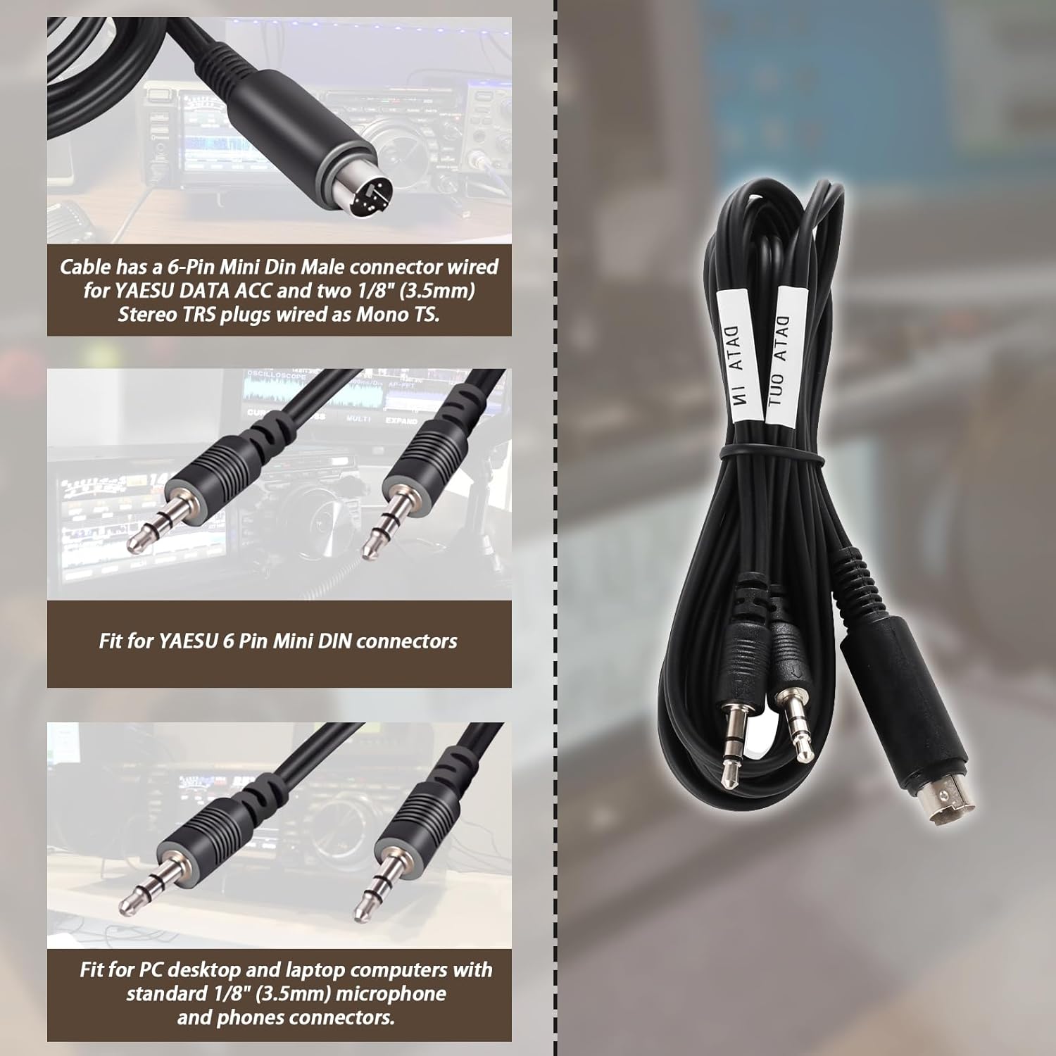 6 Mini DIN Male Plug to 1/8" (3.5mm) Male x2 for Digital Modes FT - FT8/FT4/JT65/PSK Audio Interface,6-Pin Mini DIN Cable DC-11F for YAESU FT-897, FT-857, FT-891