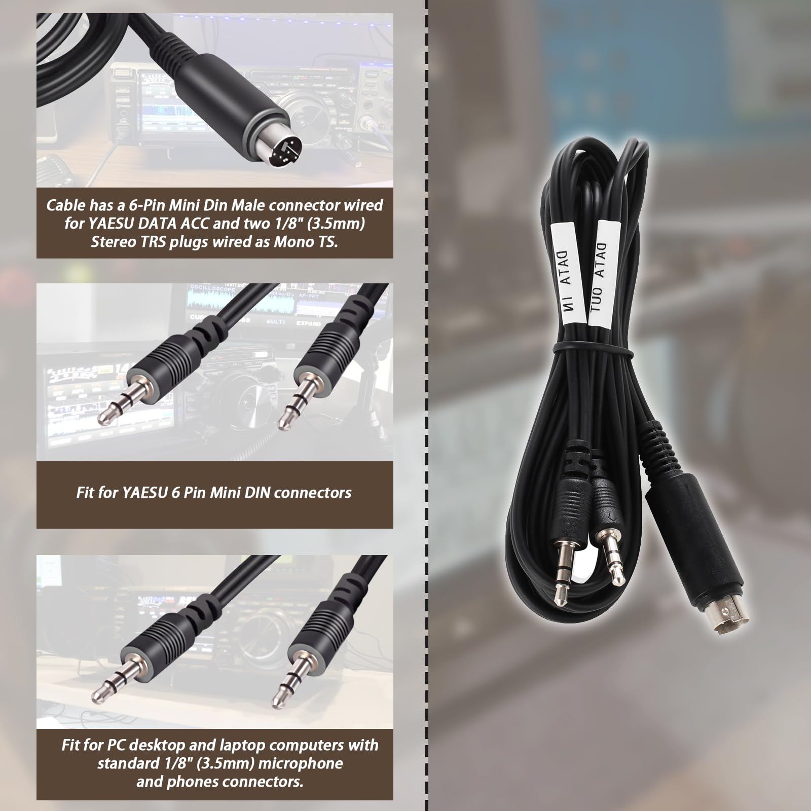 3-stopowy czarny mini DIN męski na 2 x 1/8" (3,5 mm) męski kabel audio/danych do YAESU FT-897, FT-857, FT-891, FT-991, FT-450, FT-900, FT-950 i innych