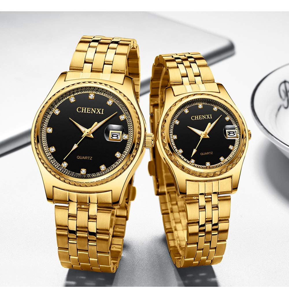 Reloj de Pulsera para Pareja, Reloj de Pulsera Dorado, para Hombres y Mujeres, Acero Inoxidable, Resistente al Agua, Reloj de Cuarzo, Set de Regalo